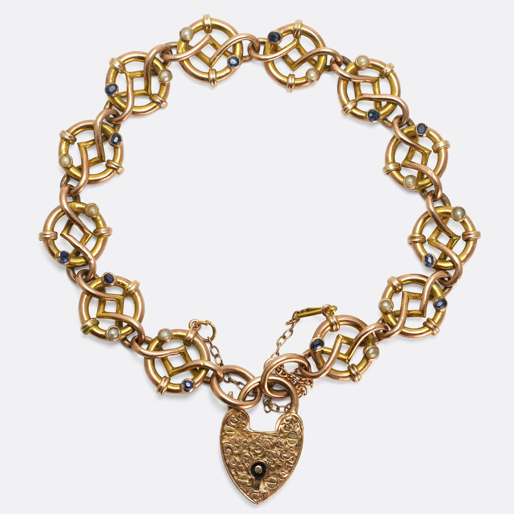 Edwardian Sapphire & Pearl Fancy-Link Heart Padlock Bracelet