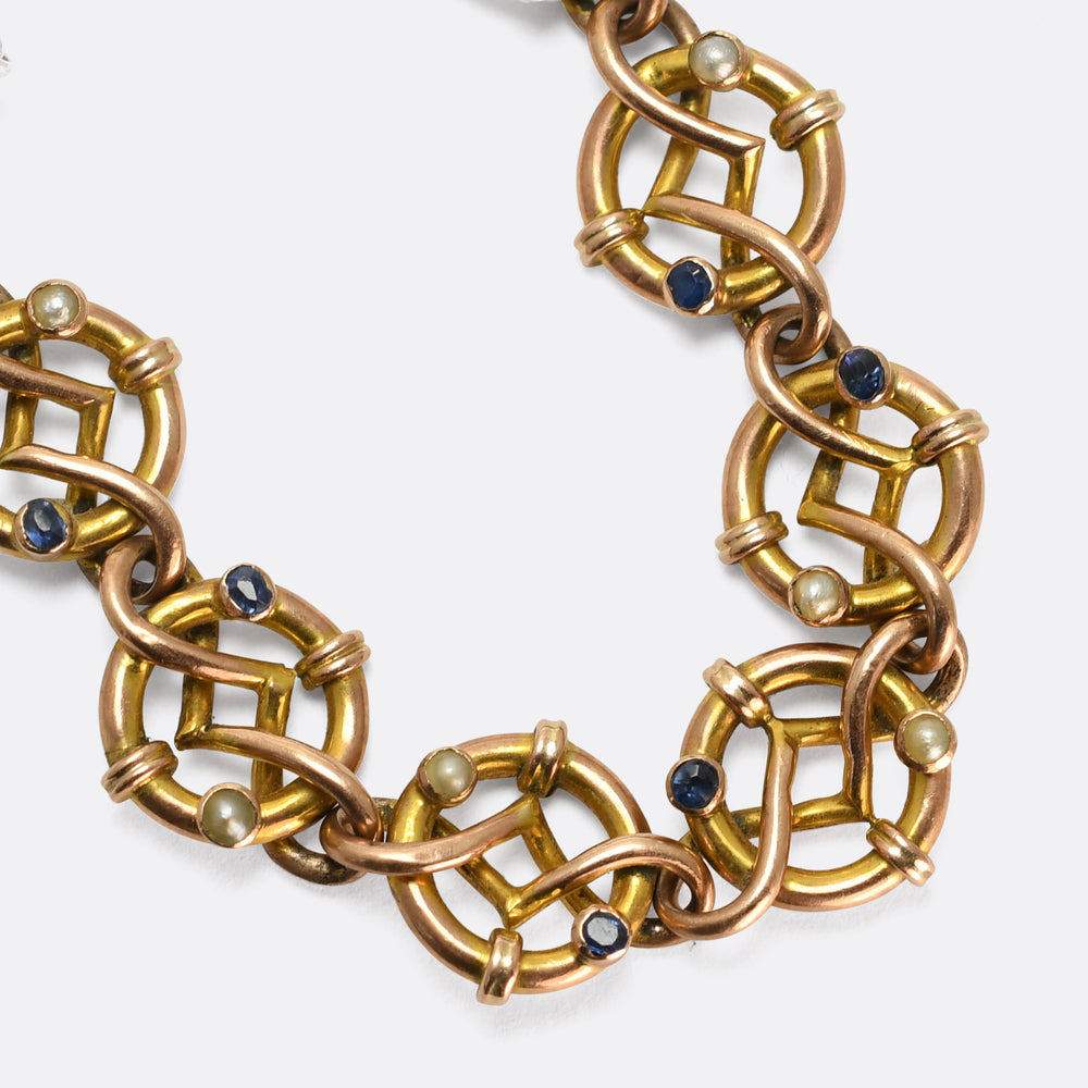 Edwardian Sapphire & Pearl Fancy-Link Heart Padlock Bracelet