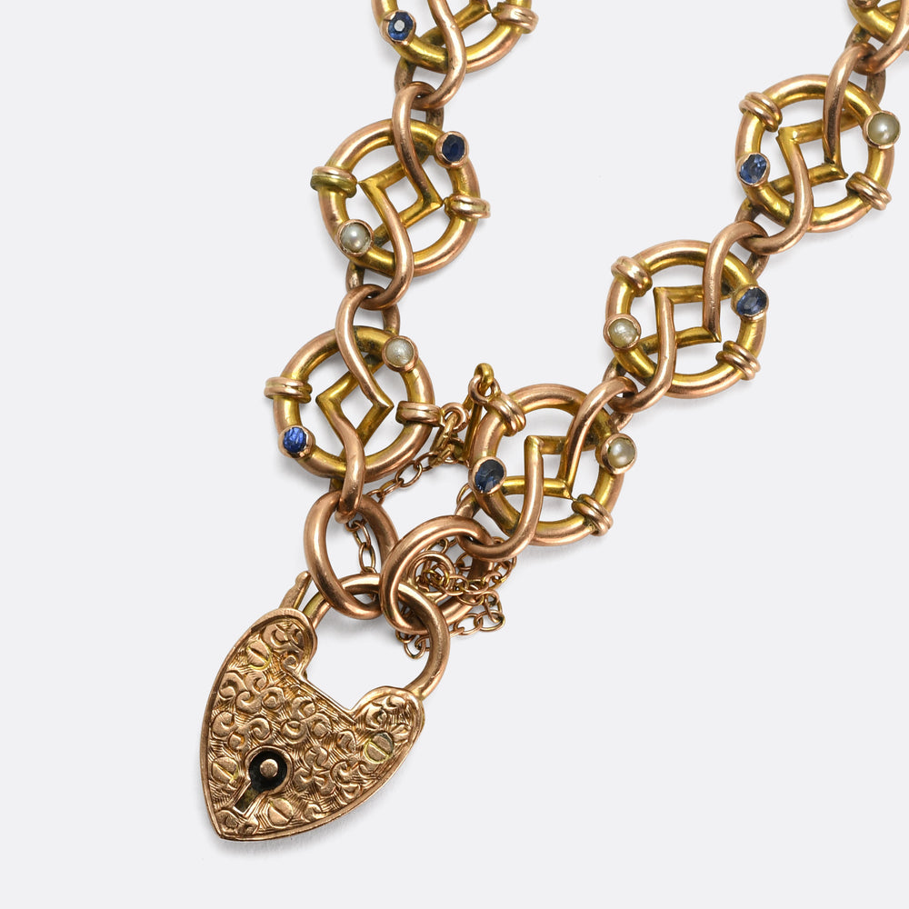 Edwardian Sapphire & Pearl Fancy-Link Heart Padlock Bracelet