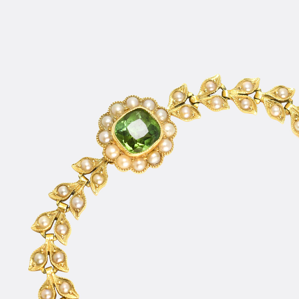Edwardian Tourmaline & Pearl Flower Cluster Chain Bracelet