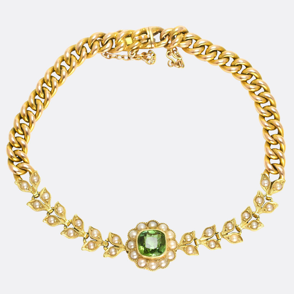 Edwardian Tourmaline & Pearl Flower Cluster Chain Bracelet