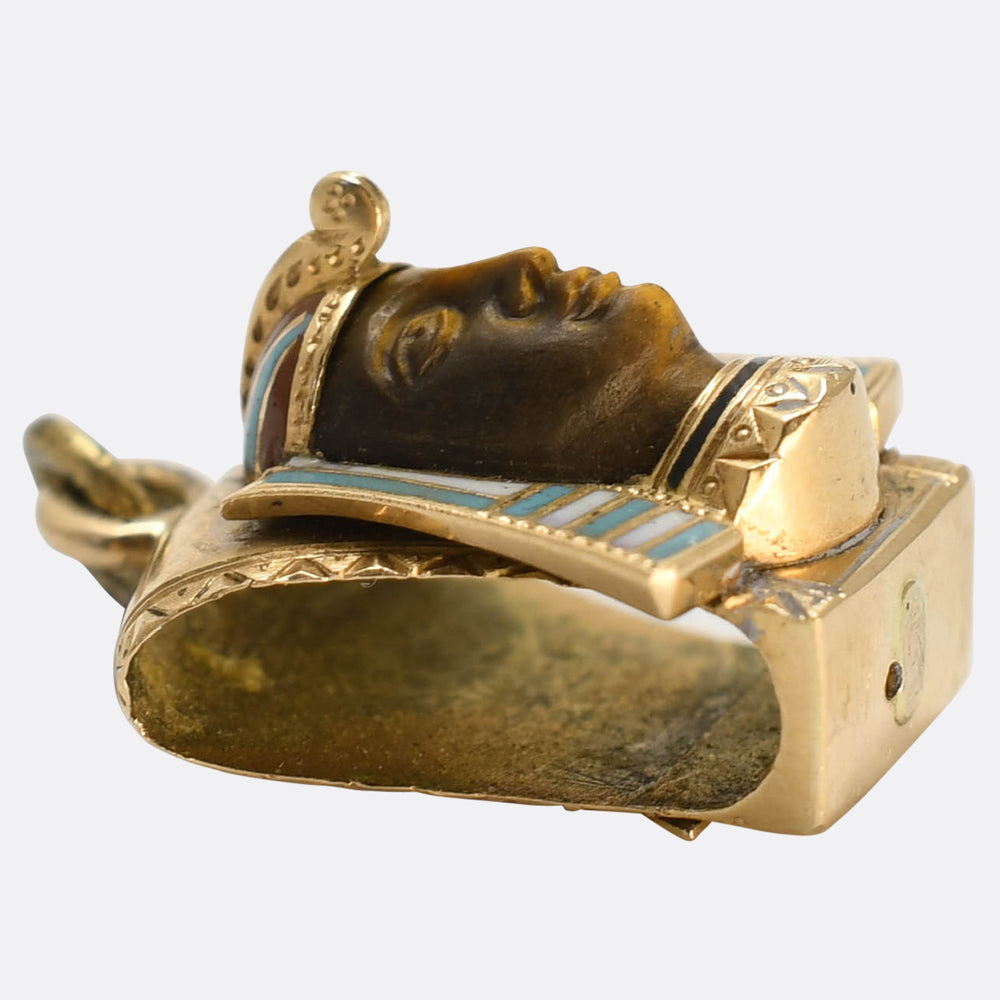 Egyptian Revival Carved Cat's Eye & Enamel Pharaoh Charm