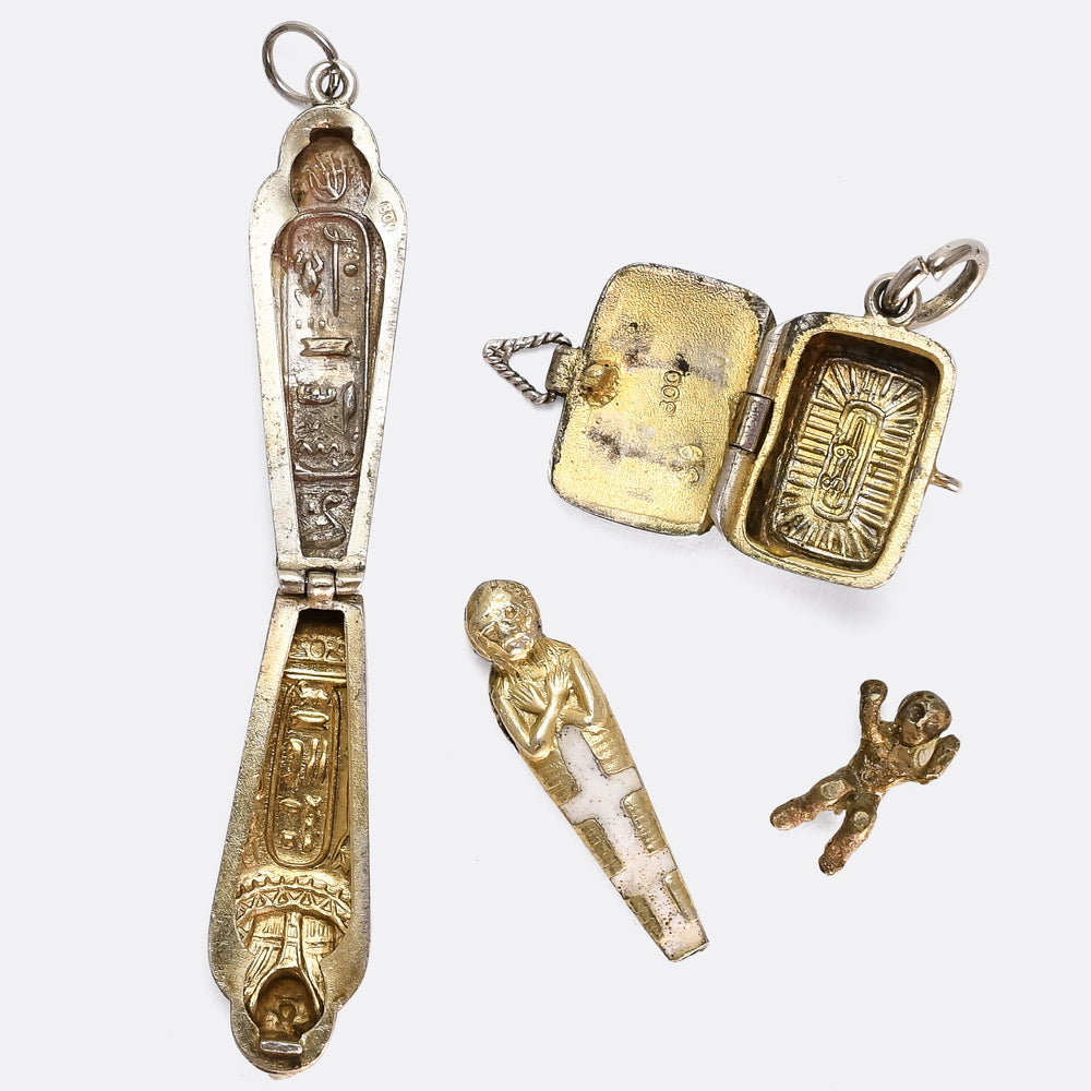 Egyptian Revival Enamel Moses & Sarcophagus Pendants