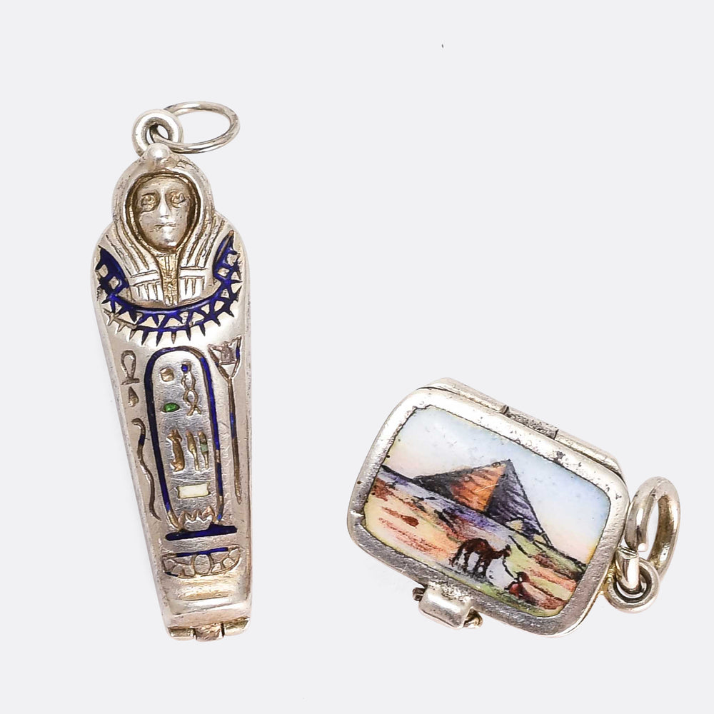 Egyptian Revival Enamel Moses & Sarcophagus Pendants