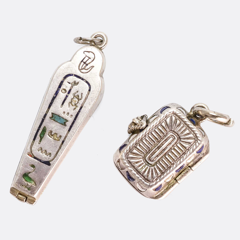 Egyptian Revival Enamel Moses & Sarcophagus Pendants