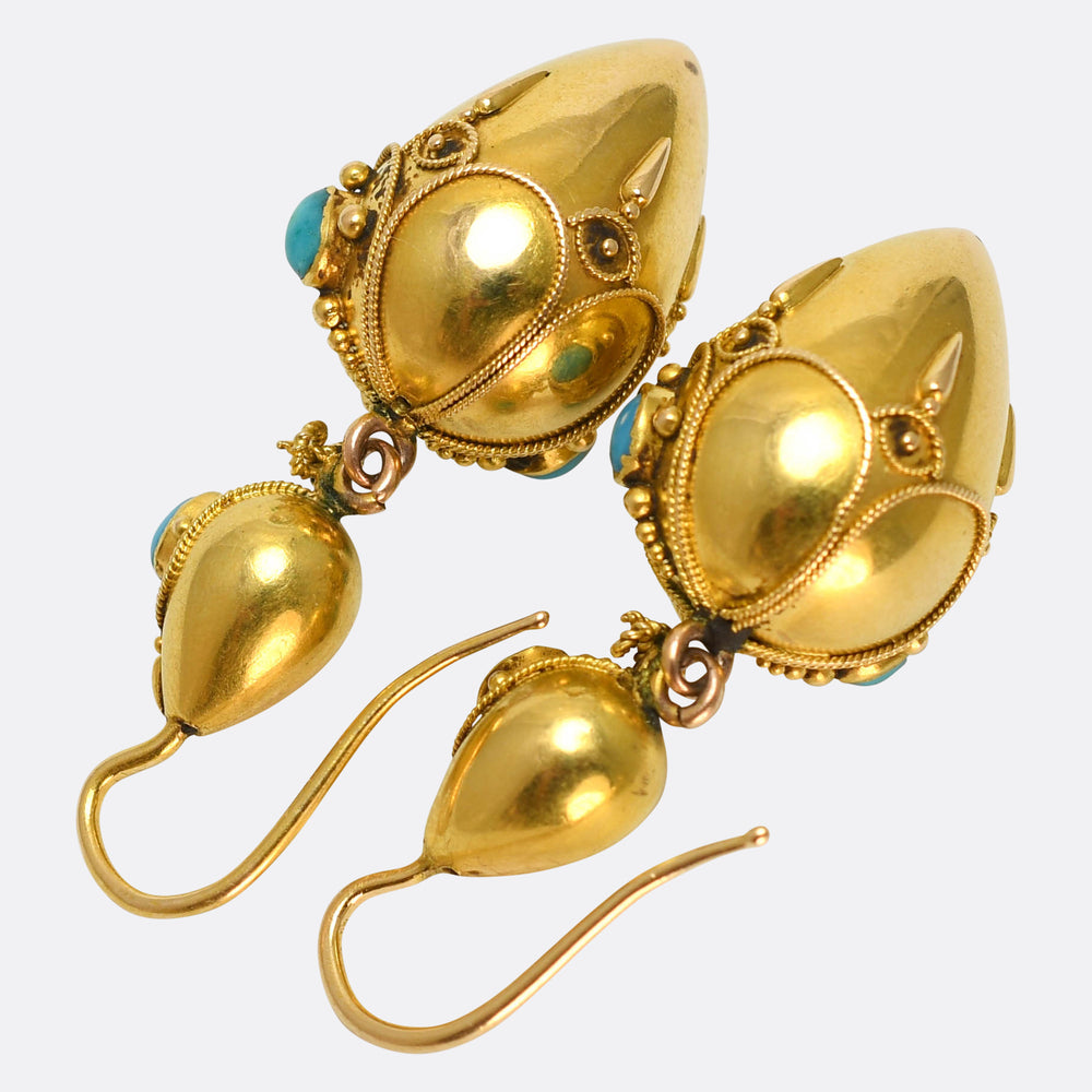 Etruscan Revival 15k Gold & Turquoise Torpedo Drop Earrings