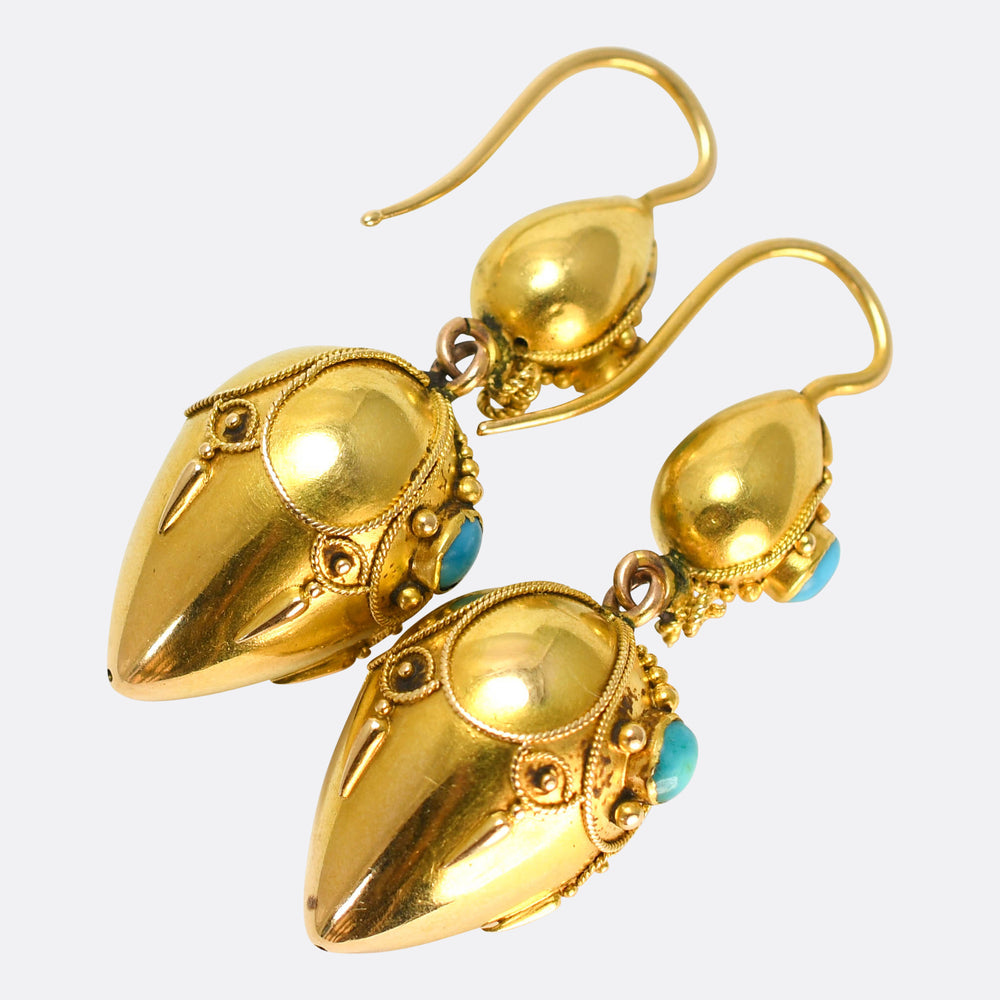 Etruscan Revival 15k Gold & Turquoise Torpedo Drop Earrings