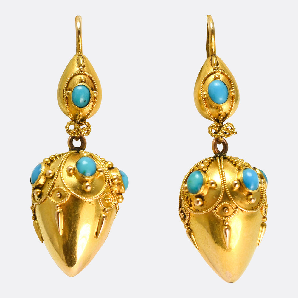 Etruscan Revival 15k Gold & Turquoise Torpedo Drop Earrings