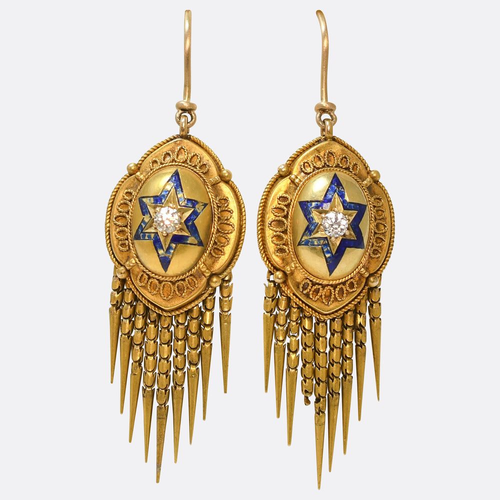 Etruscan Revival Diamond Star Tassel Earrings