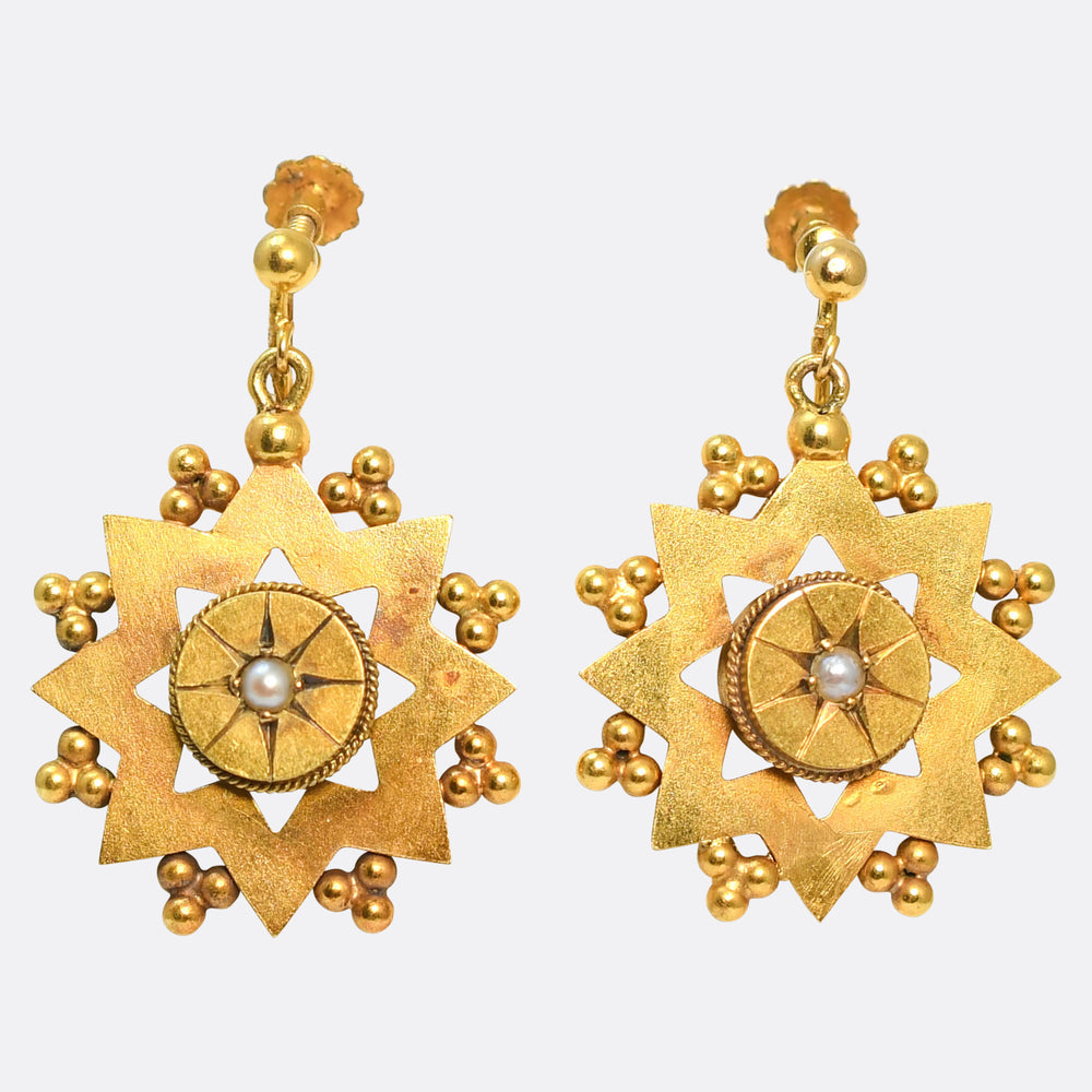 Etruscan Revival Pearl 15k Star Earrings