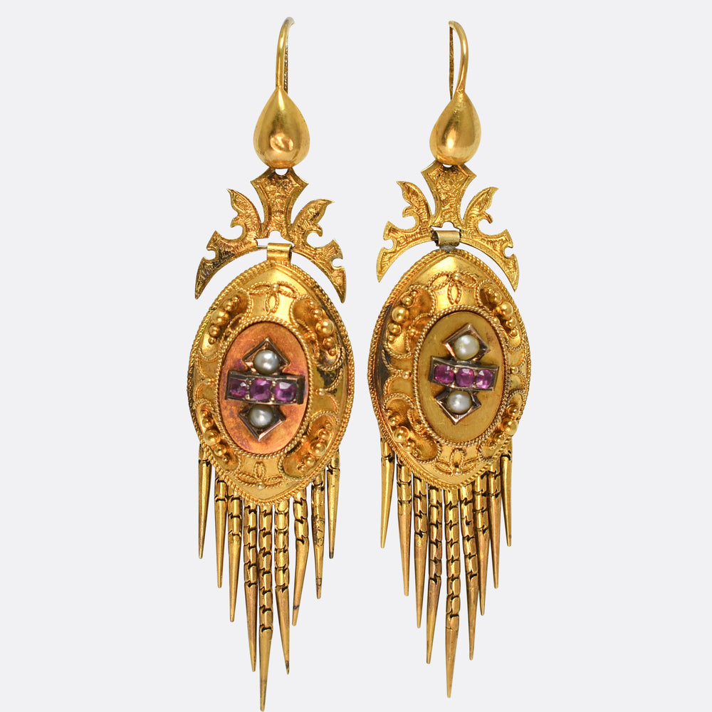 Etruscan Revival Pearl & Ruby Drop Earrings