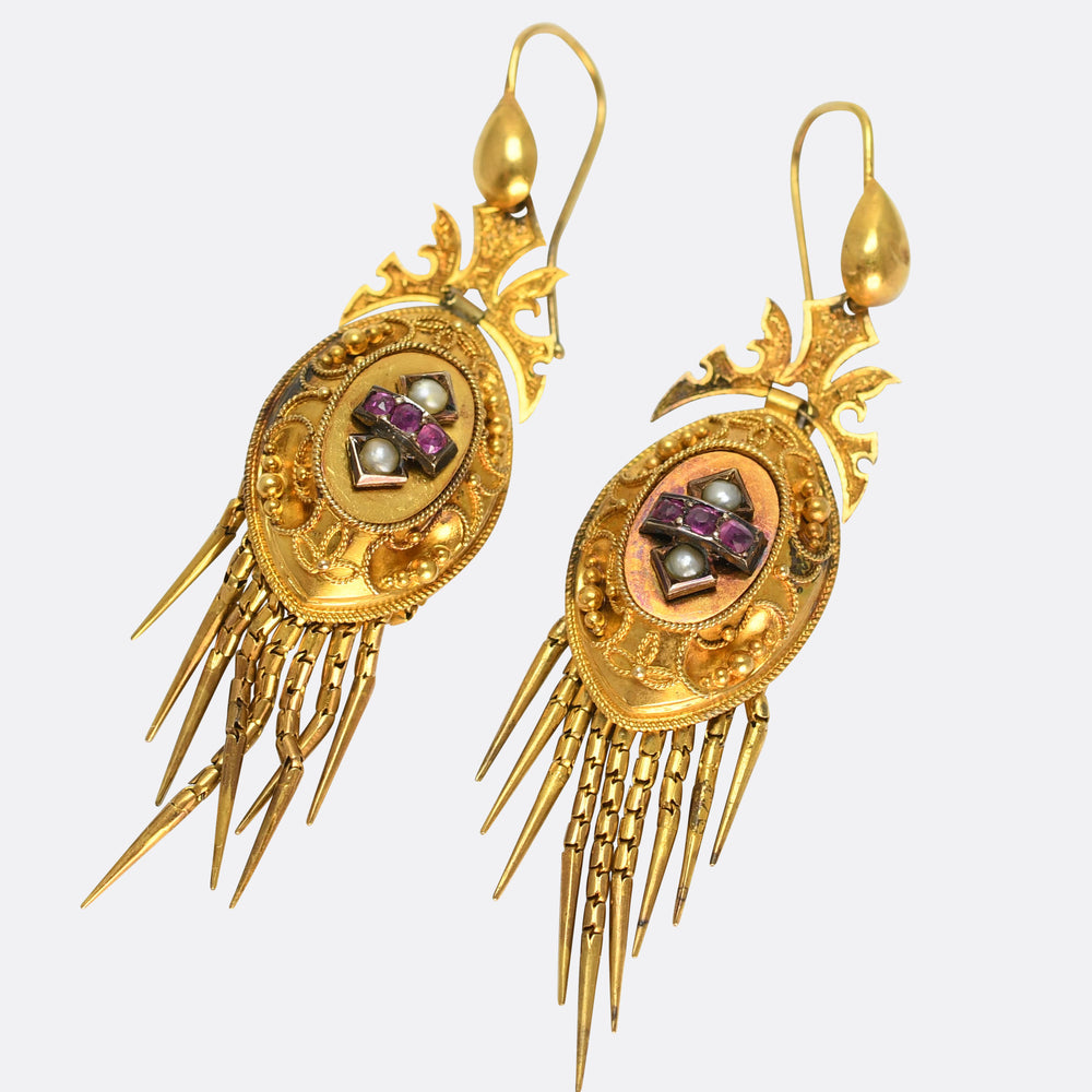 Etruscan Revival Pearl & Ruby Drop Earrings