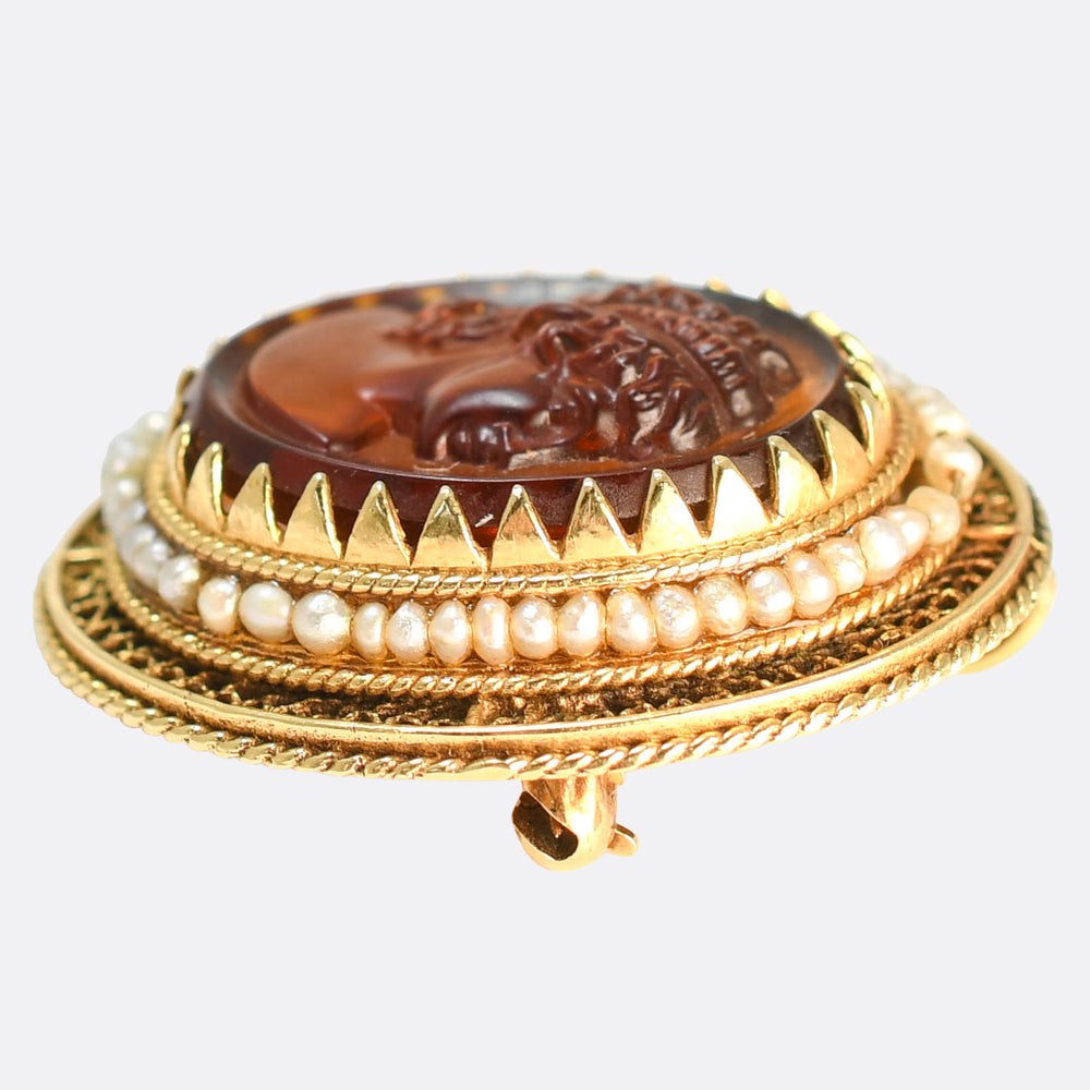 Etruscan Revival Tassie Intaglio & Pearl Brooch