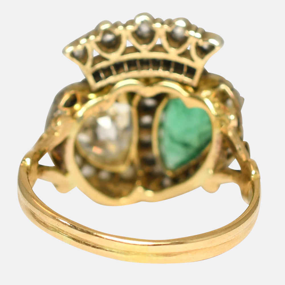 Exceptional Antique Emerald & Diamond Double Heart Ring