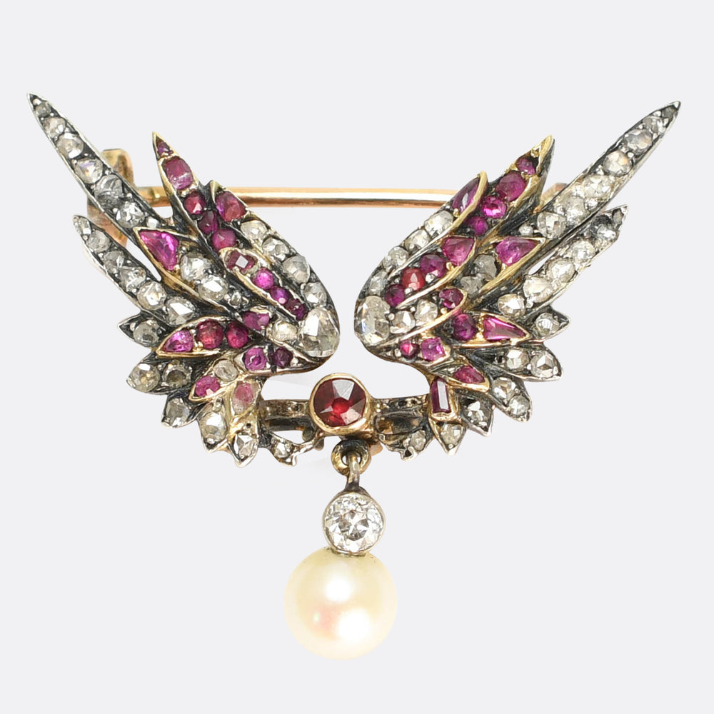 French Antique Diamond, Ruby & Pearl Wing Brooch