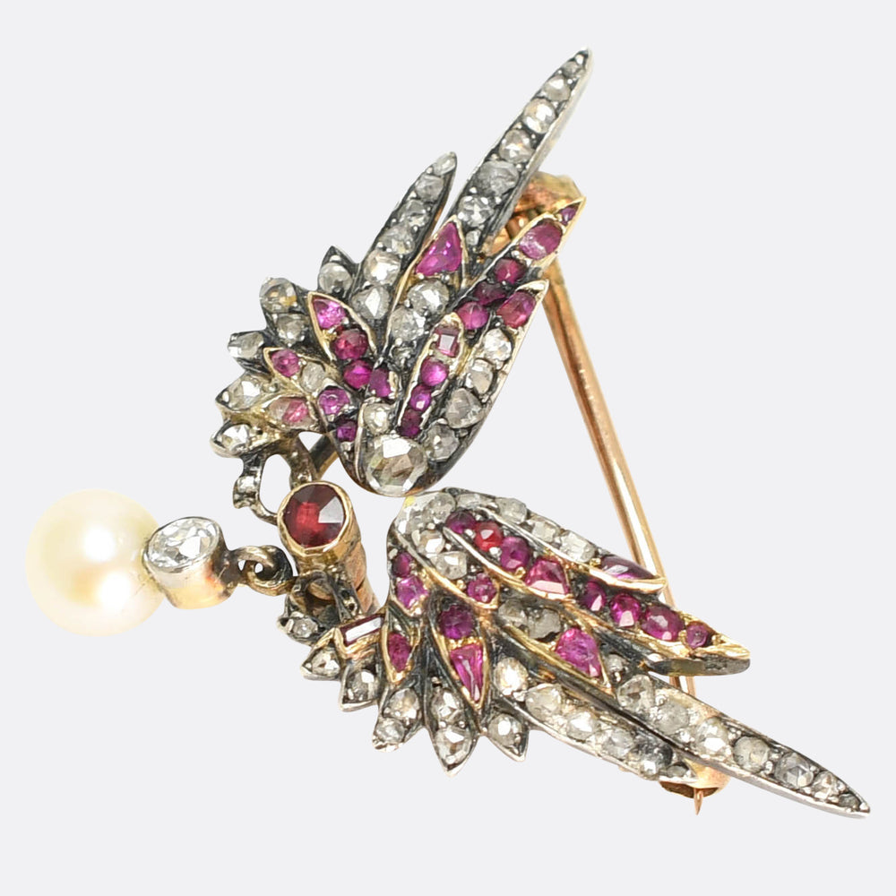 French Antique Diamond, Ruby & Pearl Wing Brooch