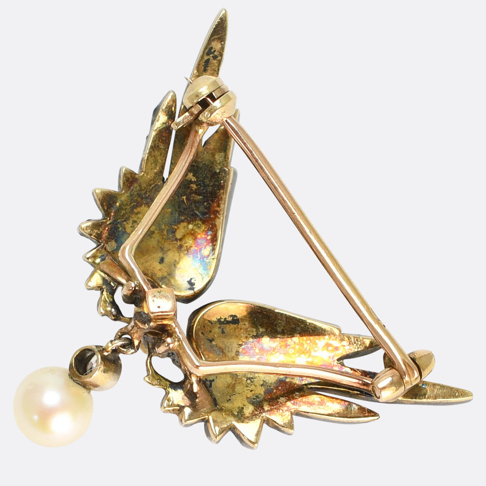 French Antique Diamond, Ruby & Pearl Wing Brooch