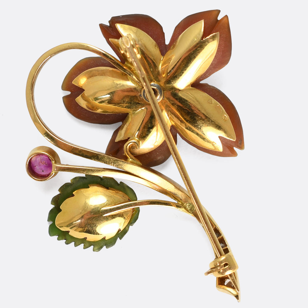 French Art Nouveau Carved Agate, Ruby & Diamond Flower Brooch
