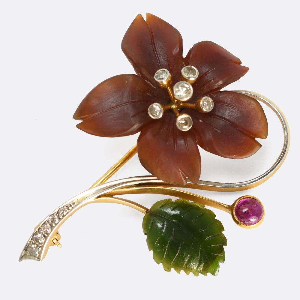 French Art Nouveau Carved Agate, Ruby & Diamond Flower Brooch
