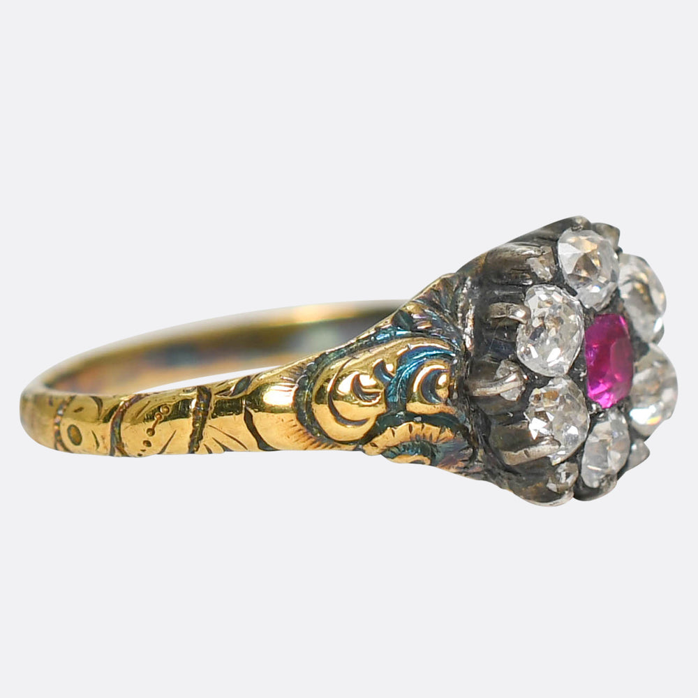 Georgian Burma Ruby & Diamond Enamel Cluster Ring