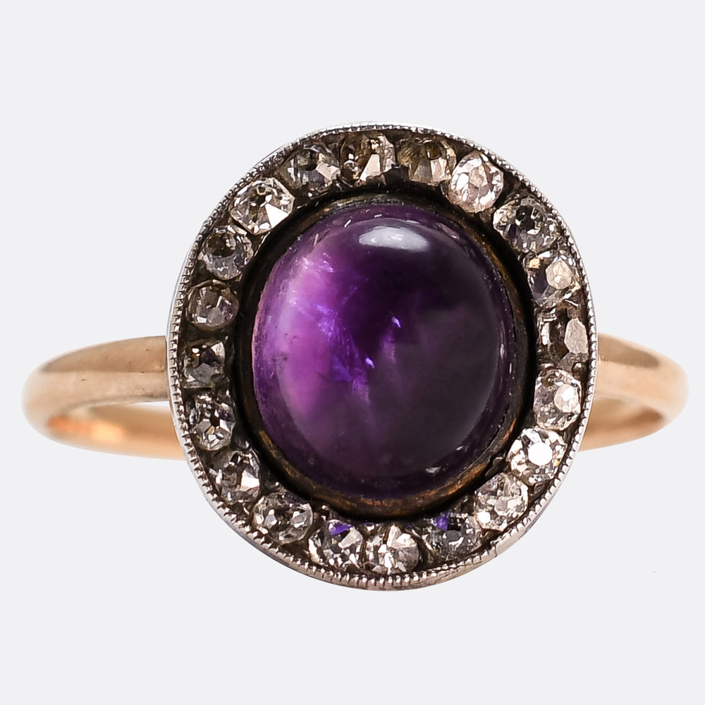 Georgian Cabochon Amethyst & Diamond Memorial Cluster Ring