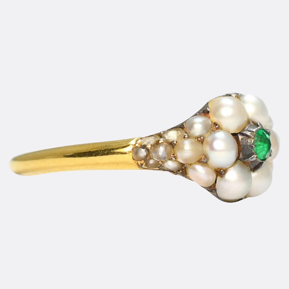 Georgian Emerald & Pearl Cluster Locket Ring