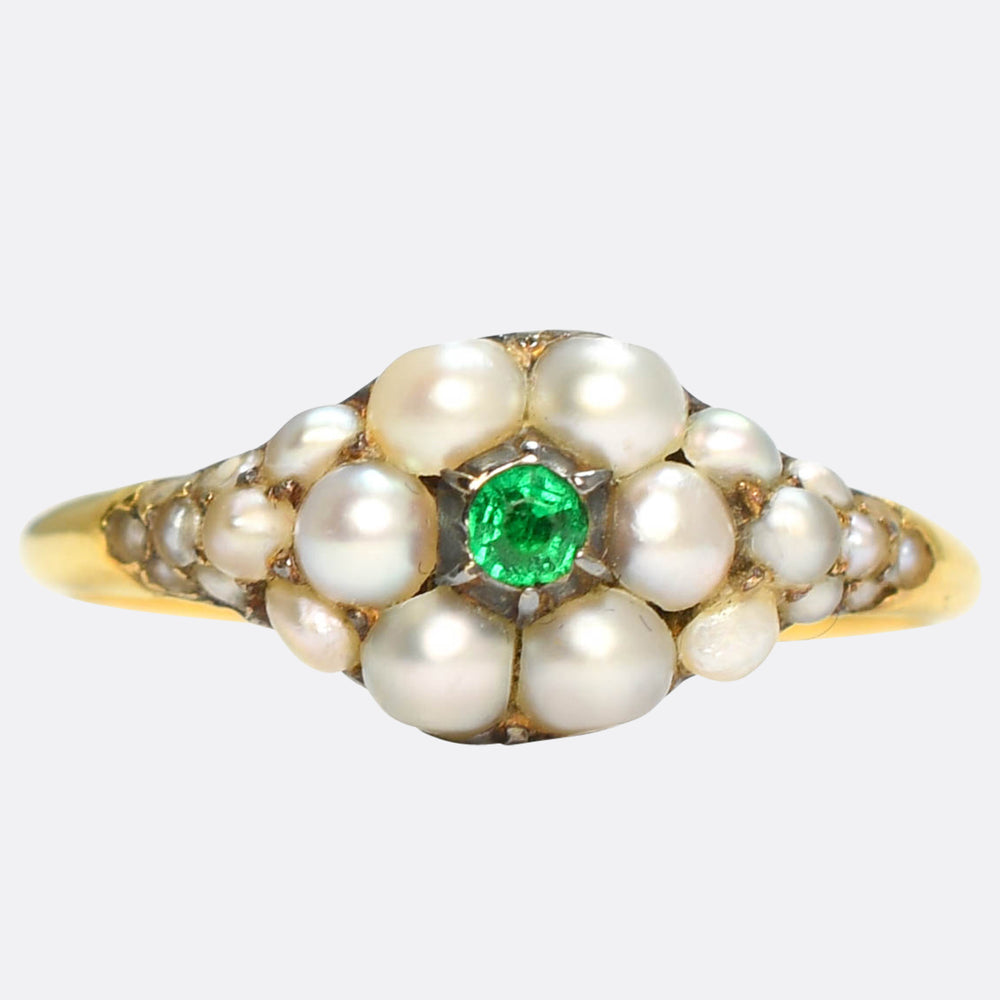 Georgian Emerald & Pearl Cluster Locket Ring