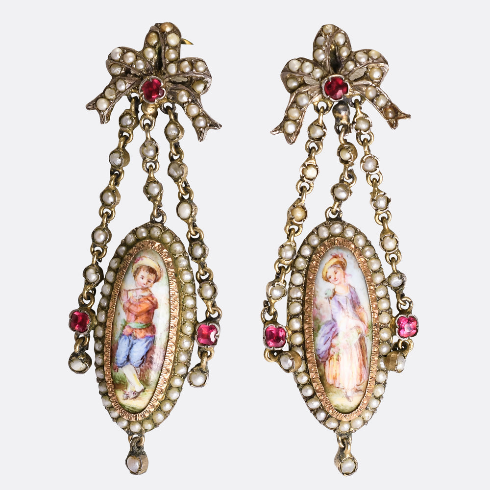 Georgian French Enamel & Paste Portrait Miniature Earrings