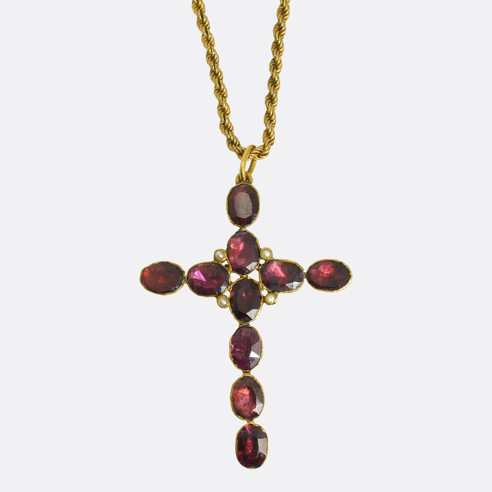 Georgian Garnet & Pearl Cross Pendant with Gold Chain