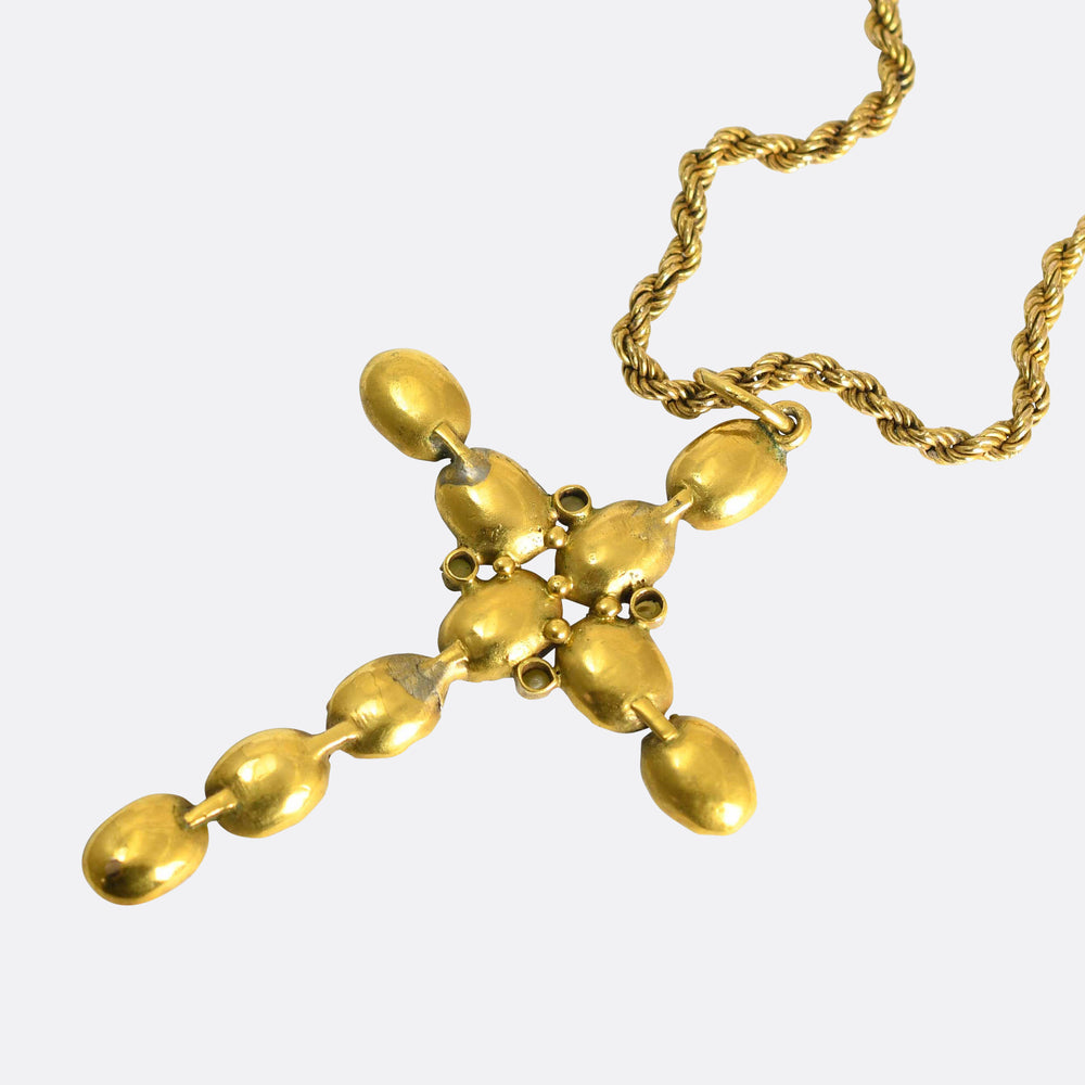 Georgian Garnet & Pearl Cross Pendant with Gold Chain