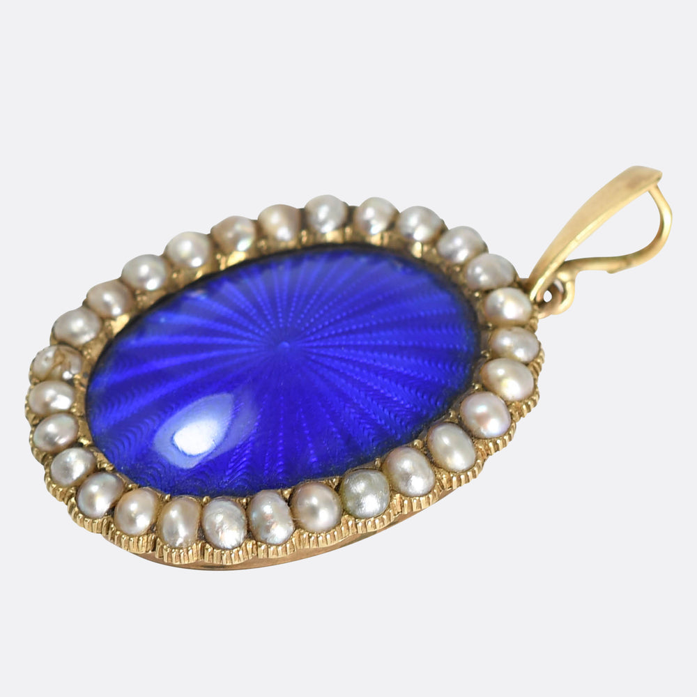 Georgian Guilloché Enamel & Pearl Oval Pendant