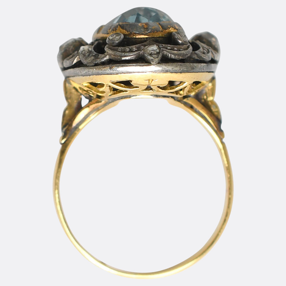 Georgian Oversized Aquamarine & Diamond Cluster Ring