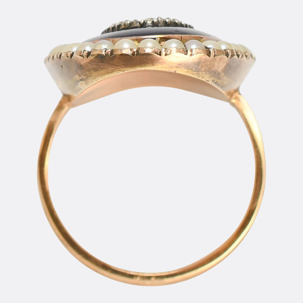 Georgian Pearl, Diamond & Enamel Locket Memorial Ring