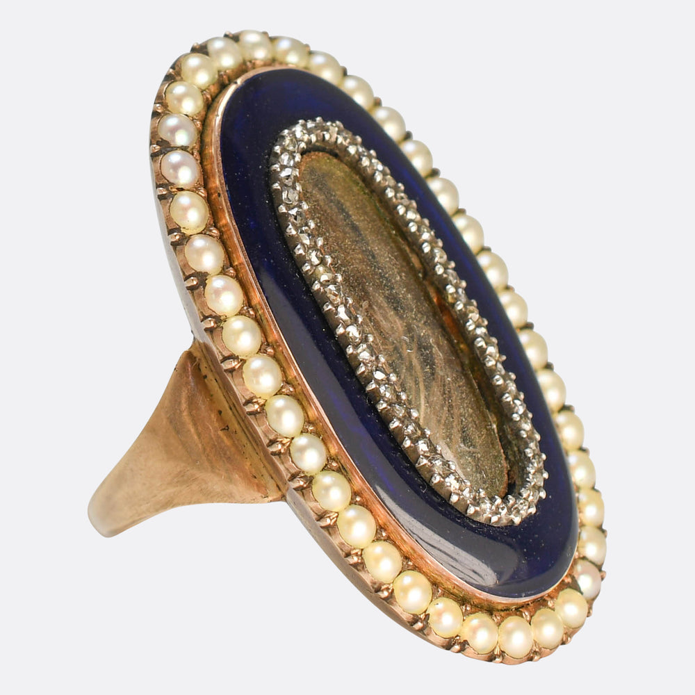 Georgian Pearl, Diamond & Enamel Locket Memorial Ring