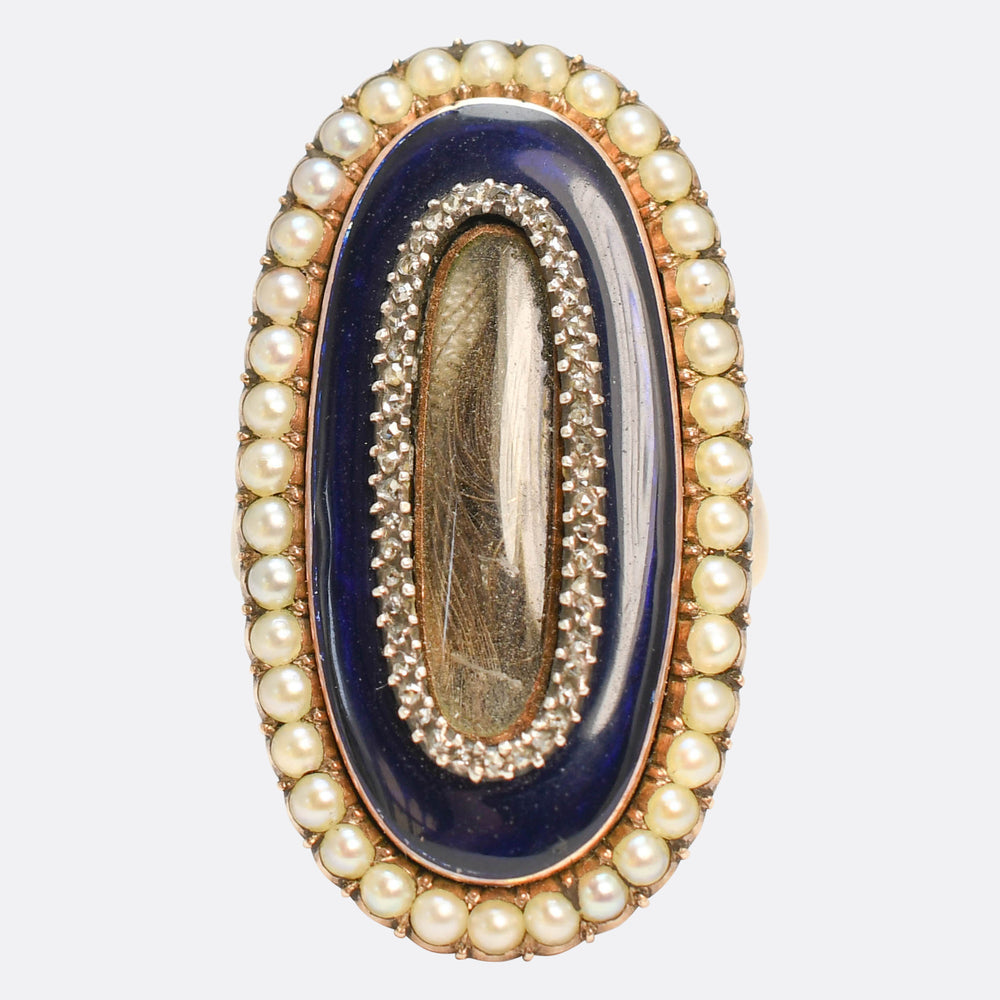 Georgian Pearl, Diamond & Enamel Locket Memorial Ring