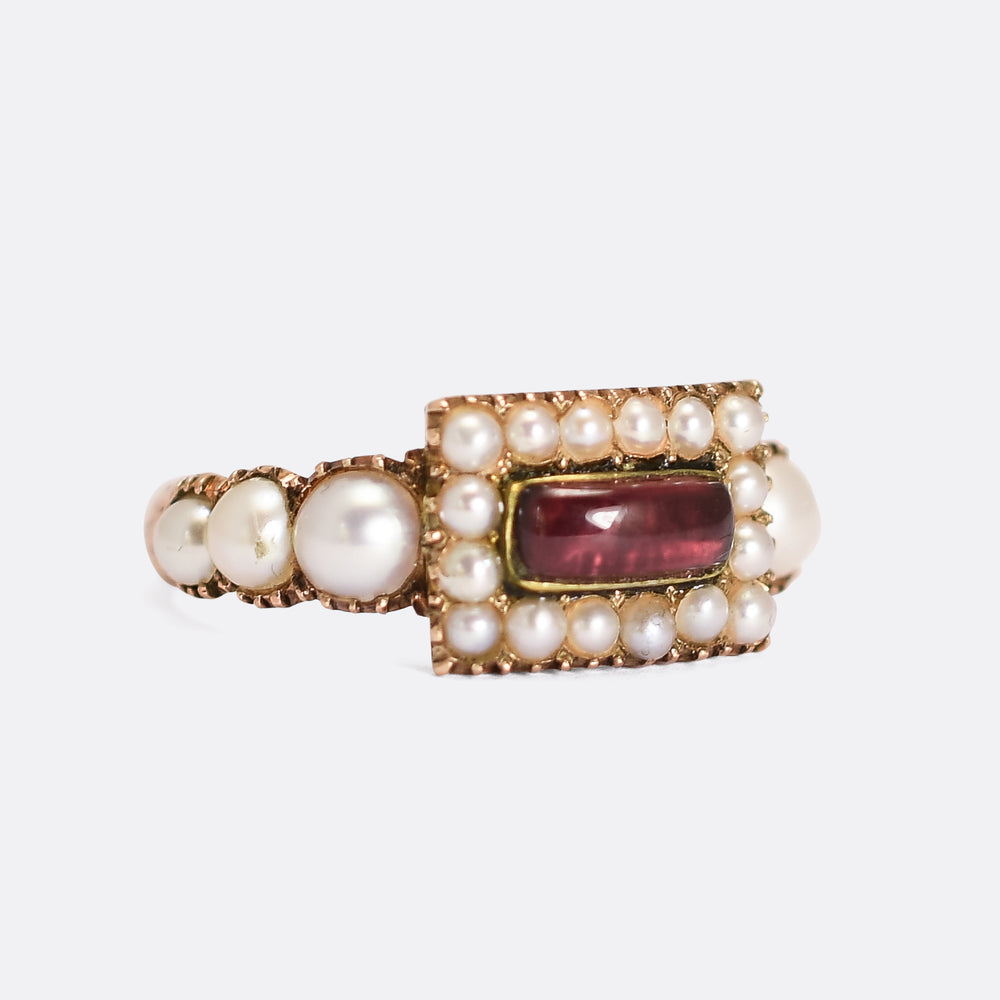 Georgian Pearl & Garnet Half Hoop Ring