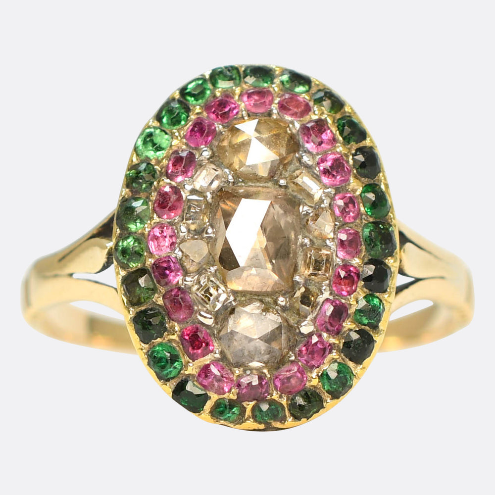 Georgian Rose Cut Diamond, Emerald & Ruby Target Cluster Ring