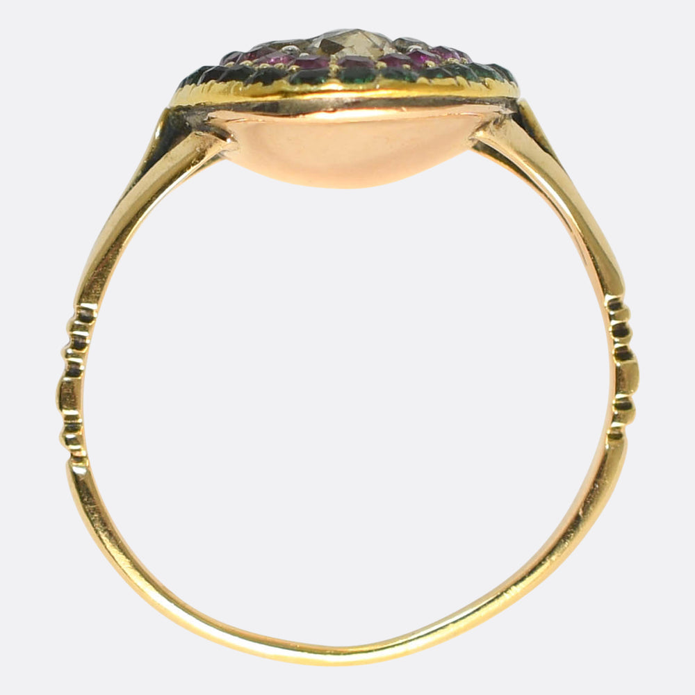 Georgian Rose Cut Diamond, Emerald & Ruby Target Cluster Ring