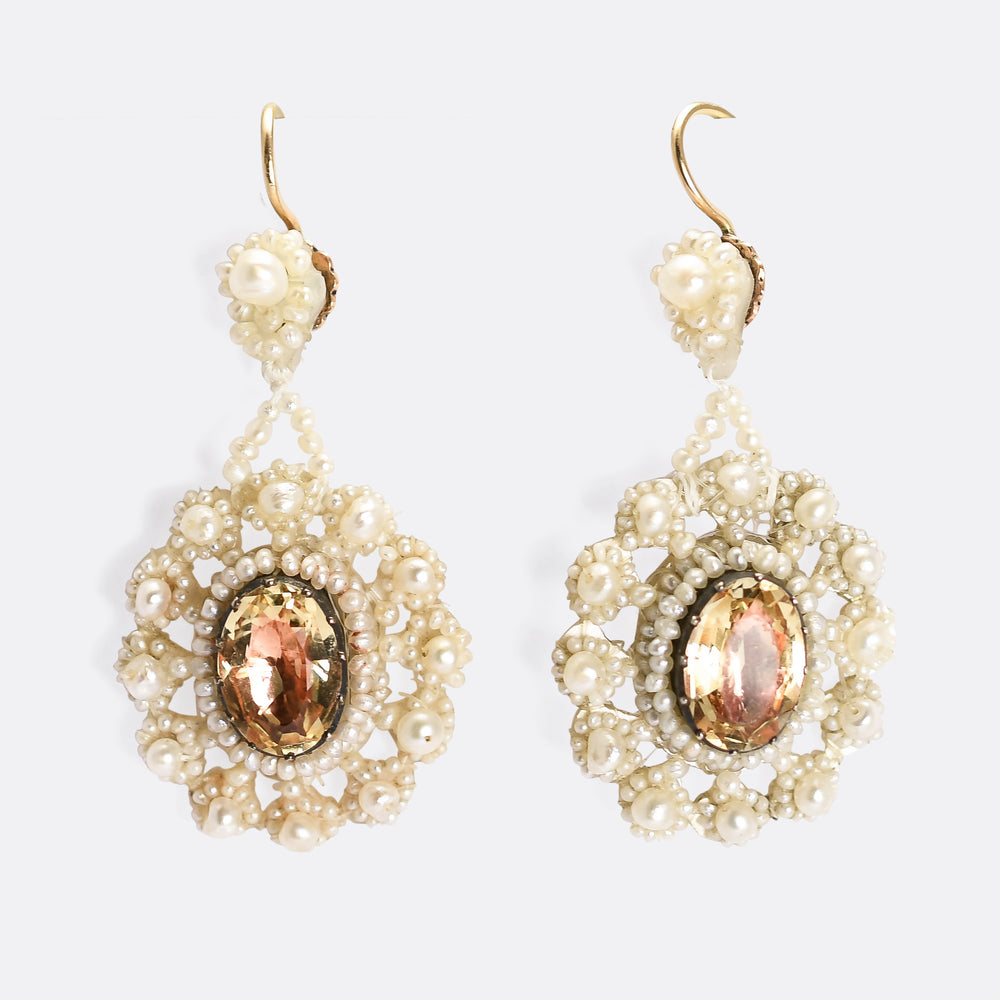 Georgian Topaz & Pearl Cluster Drop Earrings