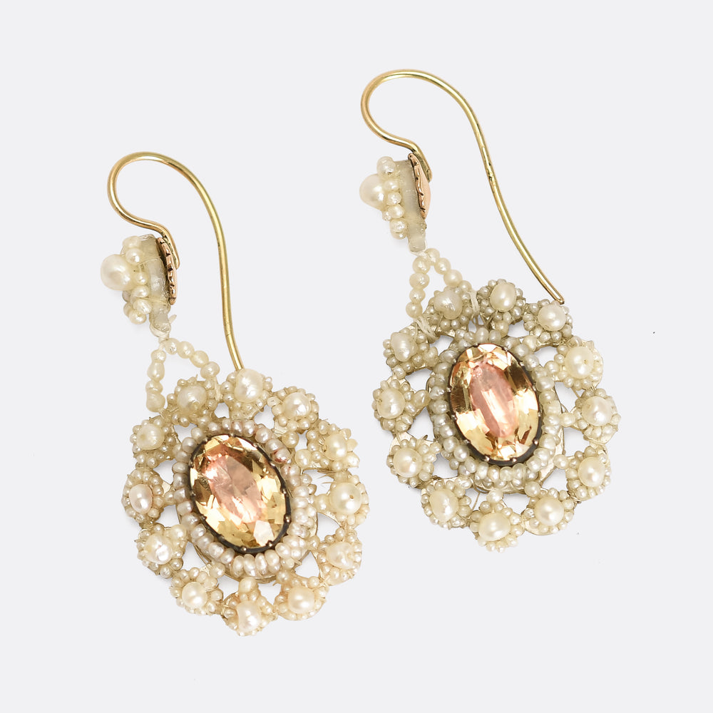 Georgian Topaz & Pearl Cluster Drop Earrings
