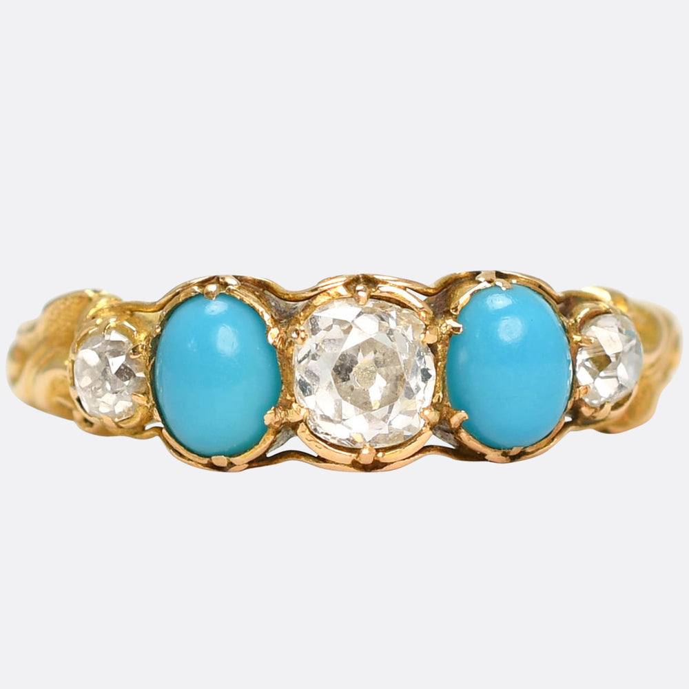 Georgian Turquoise & Diamond 5-Stone Half Hoop Ring