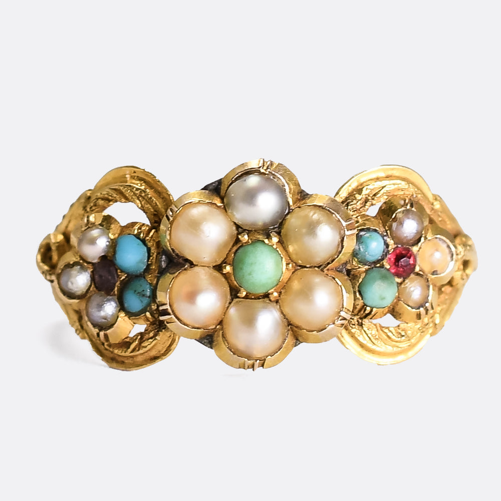 Georgian Turquoise, Pearl & Ruby Forget-Me-Not Ring