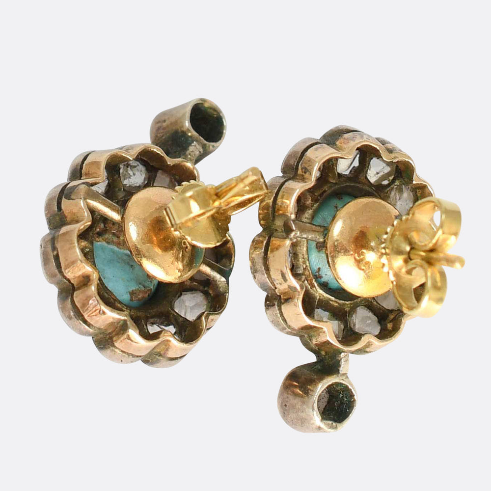 Georgian Turquoise & Rose Cut Diamond Cluster Stud Earrings