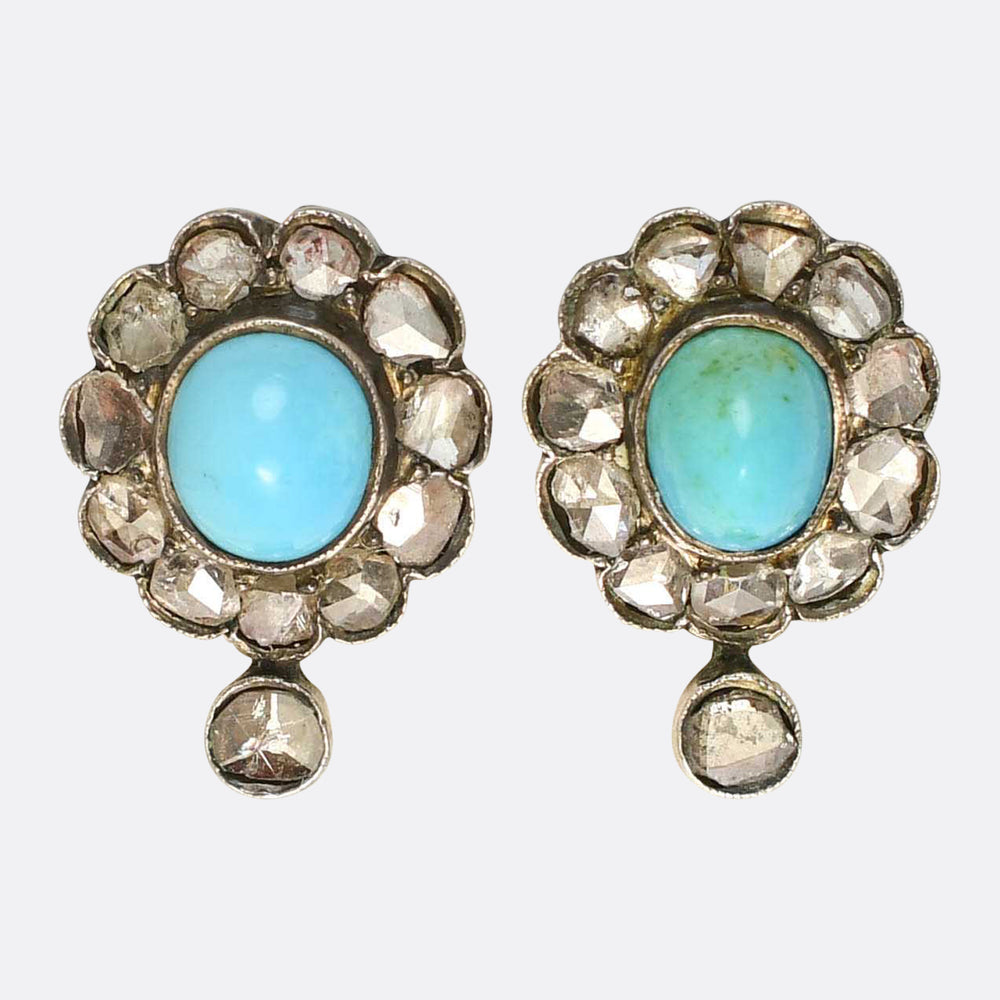 Georgian Turquoise & Rose Cut Diamond Cluster Stud Earrings