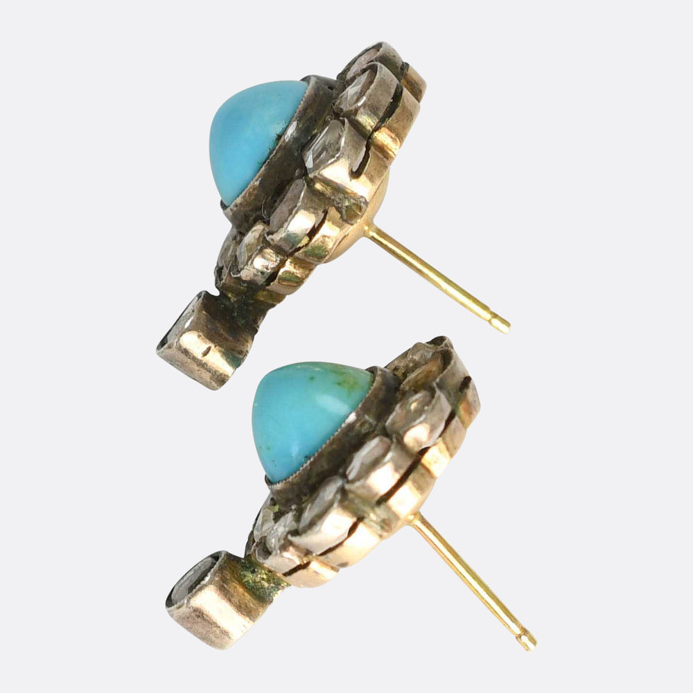 Georgian Turquoise & Rose Cut Diamond Cluster Stud Earrings