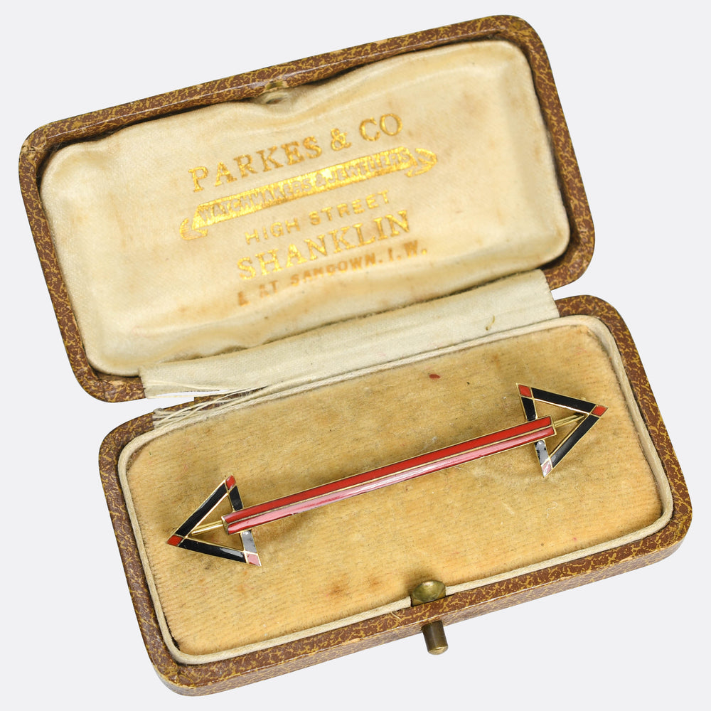 High Art Deco French Enamel Double Arrow Brooch