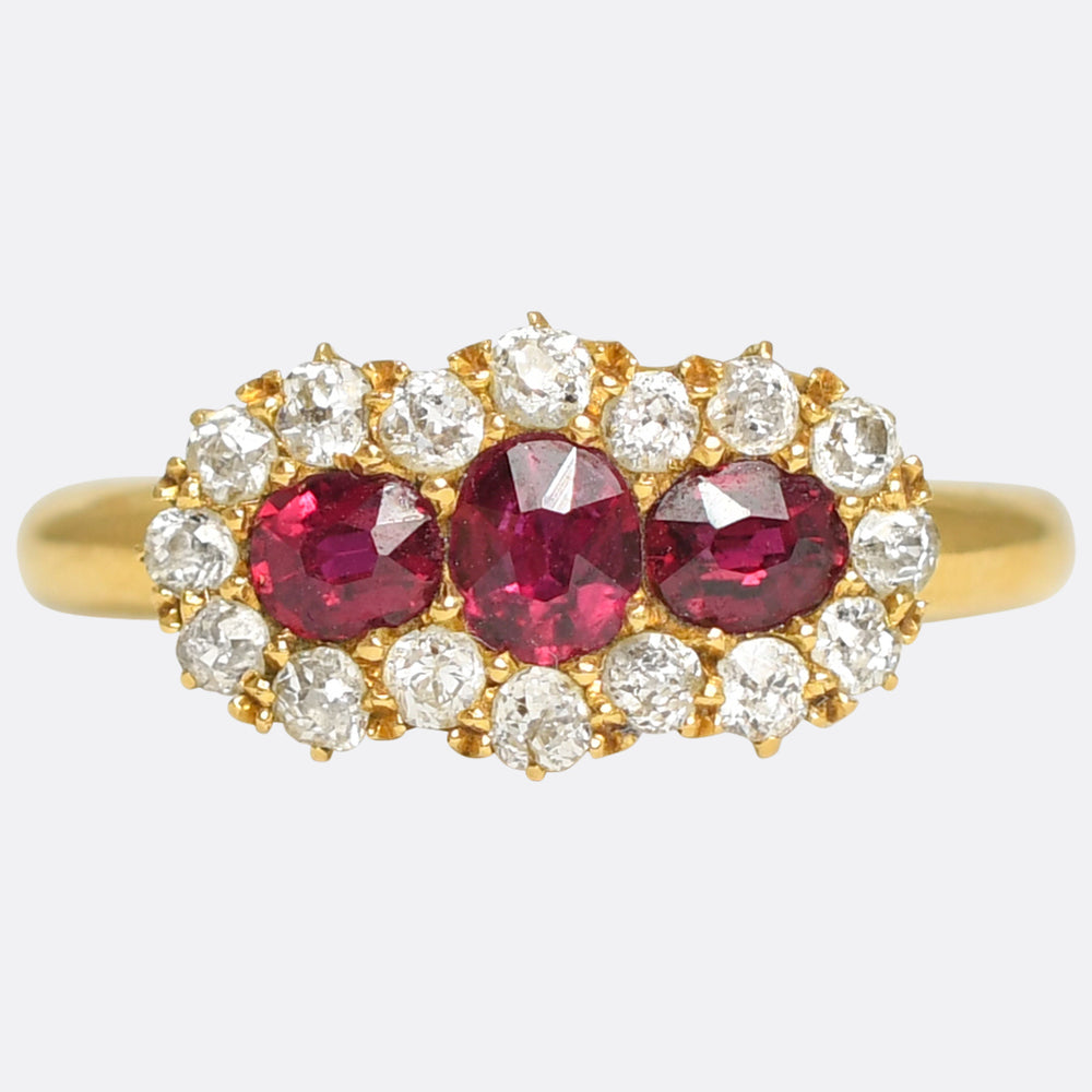 Late Victorian 3-Stone Ruby & Diamond Cluster Ring