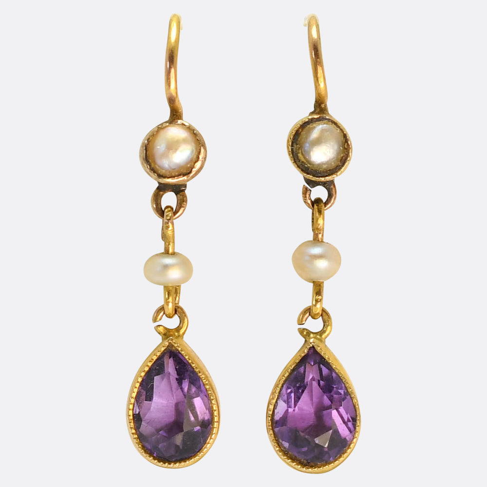 Late Victorian Amethyst & Pearl Drop Earrings
