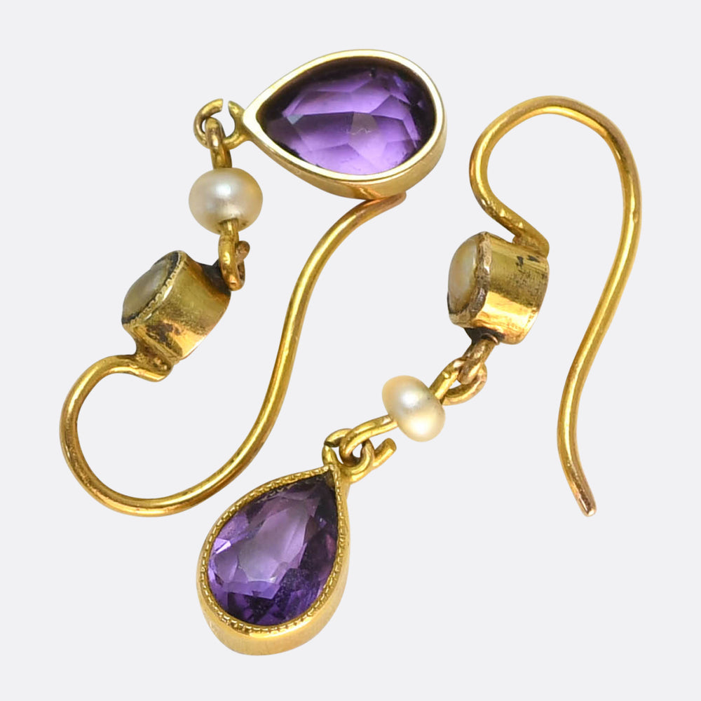 Late Victorian Amethyst & Pearl Drop Earrings