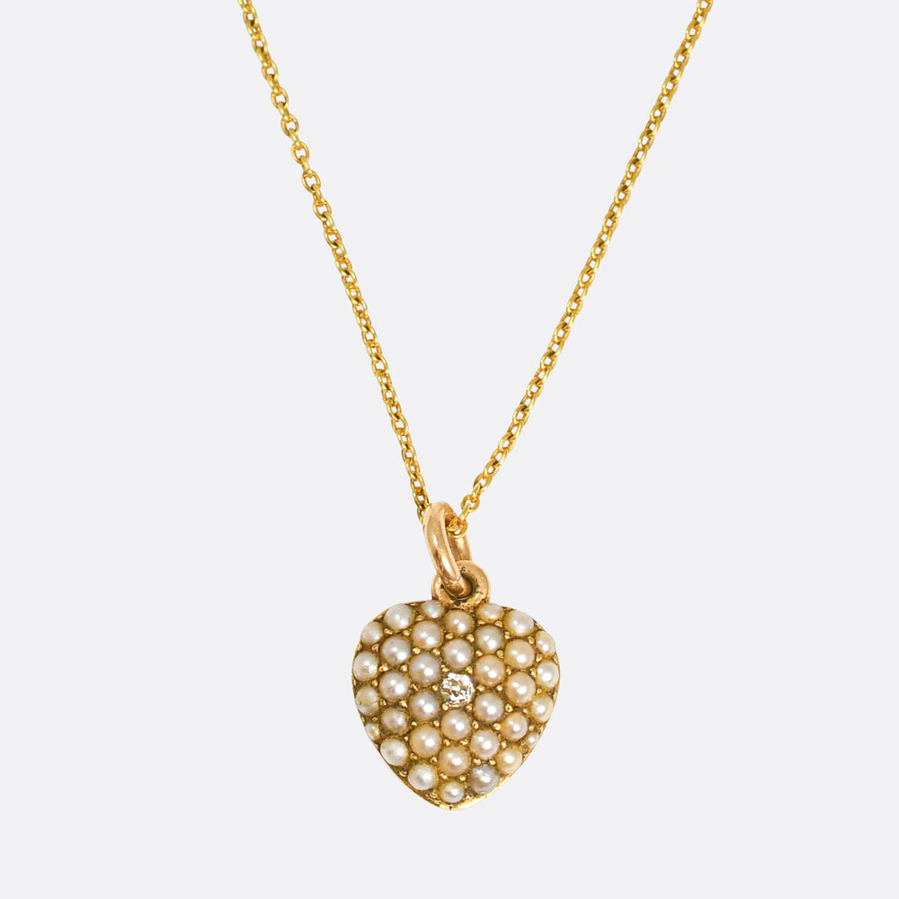 Late Victorian Boxed Pearl & Diamond Heart Locket Necklace
